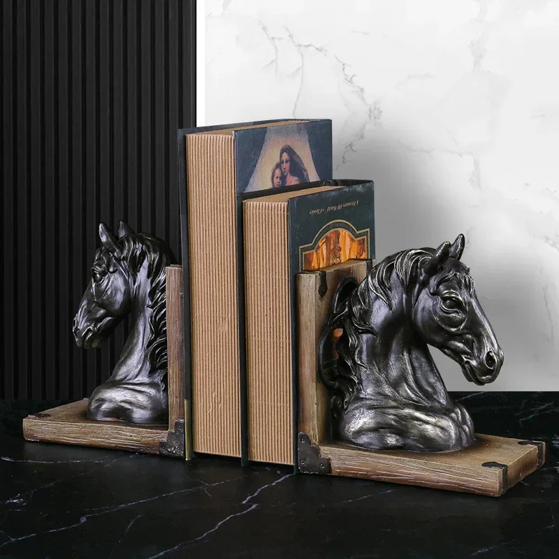 American Retro Horse Head Bookend Ornaments Resin Antique Figurines Home Office Study Book Shelf Decoration Book Stand Crafts