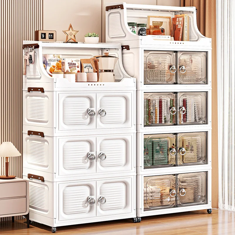 37cm Foldable Double-Door Storage Cabinet-Large Capacity Mobile Organizer with Wheels for Kitchen, Bedroom,Living Room Storage