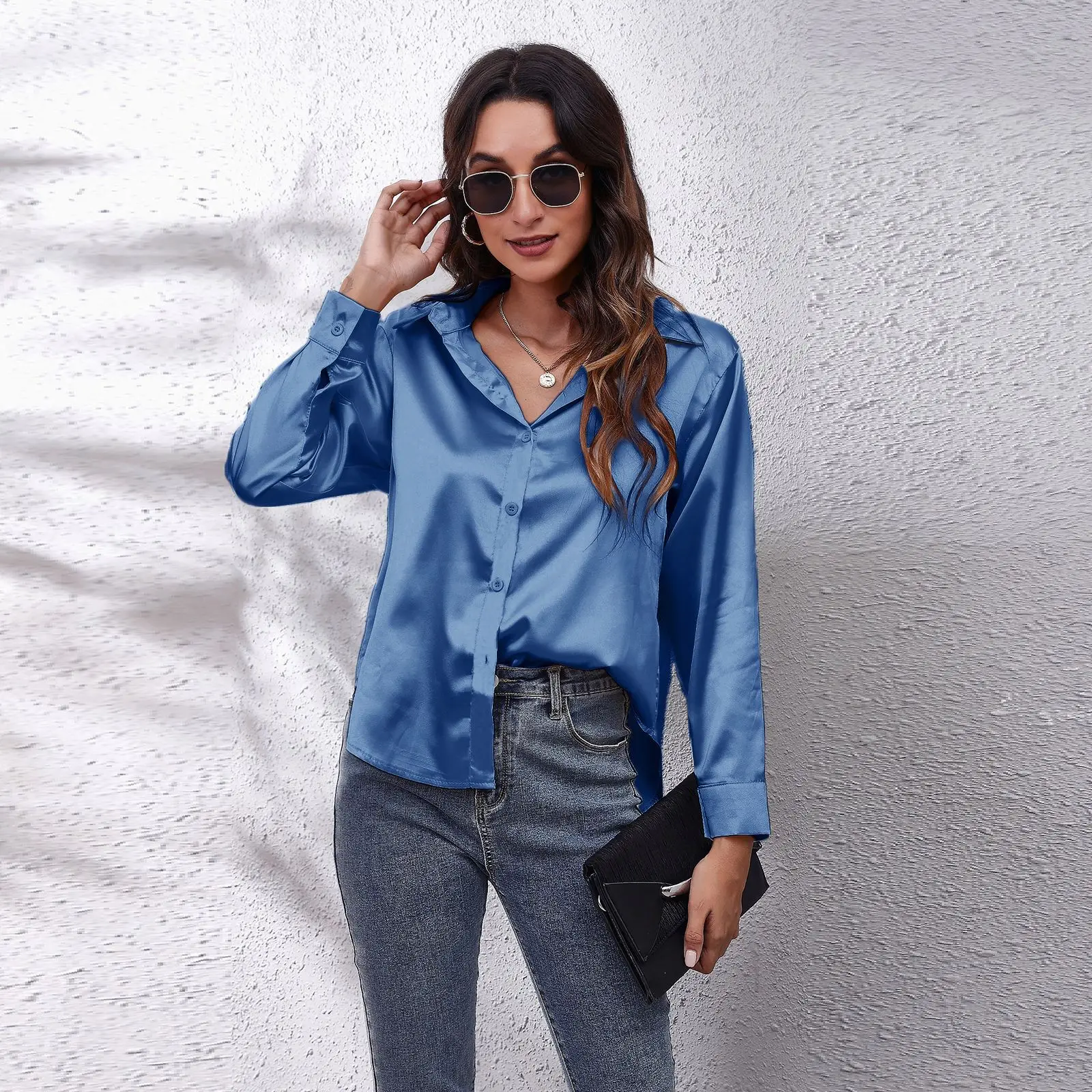 Women Elegant Shirt Fashion Blue Long Sleeve Lapel Blouse New Autumn Winter Casual Solid Loose Tops Lady T Shirt Tees Blusas