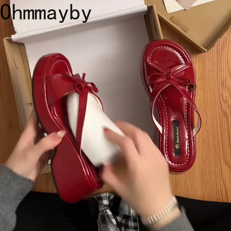 

2026 Summer Women Platform Thick Bottom Slippers Fashion Butterfly-knot Height Increase Slide Ladies Casual Beach Vacation Shoes