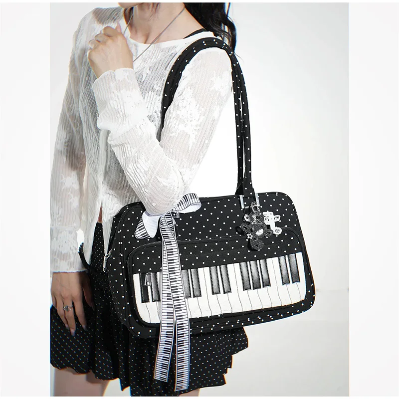 Polka Dot Piano Key Umhängetasche, große Handtasche in Kontrastfarbe, Y2k JK Mädchen-Aktentasche, Damen Wave Point Bowling-Einkaufstasche – Detail 23
