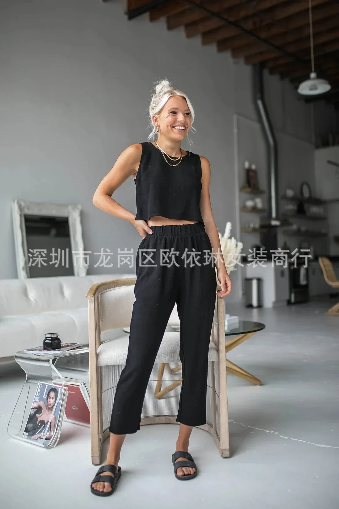 Frauen Urlaub Zwei-stück Set Ärmellose Tank Top Weste & Lose Hohe Taille Hosen Set Hause Lose