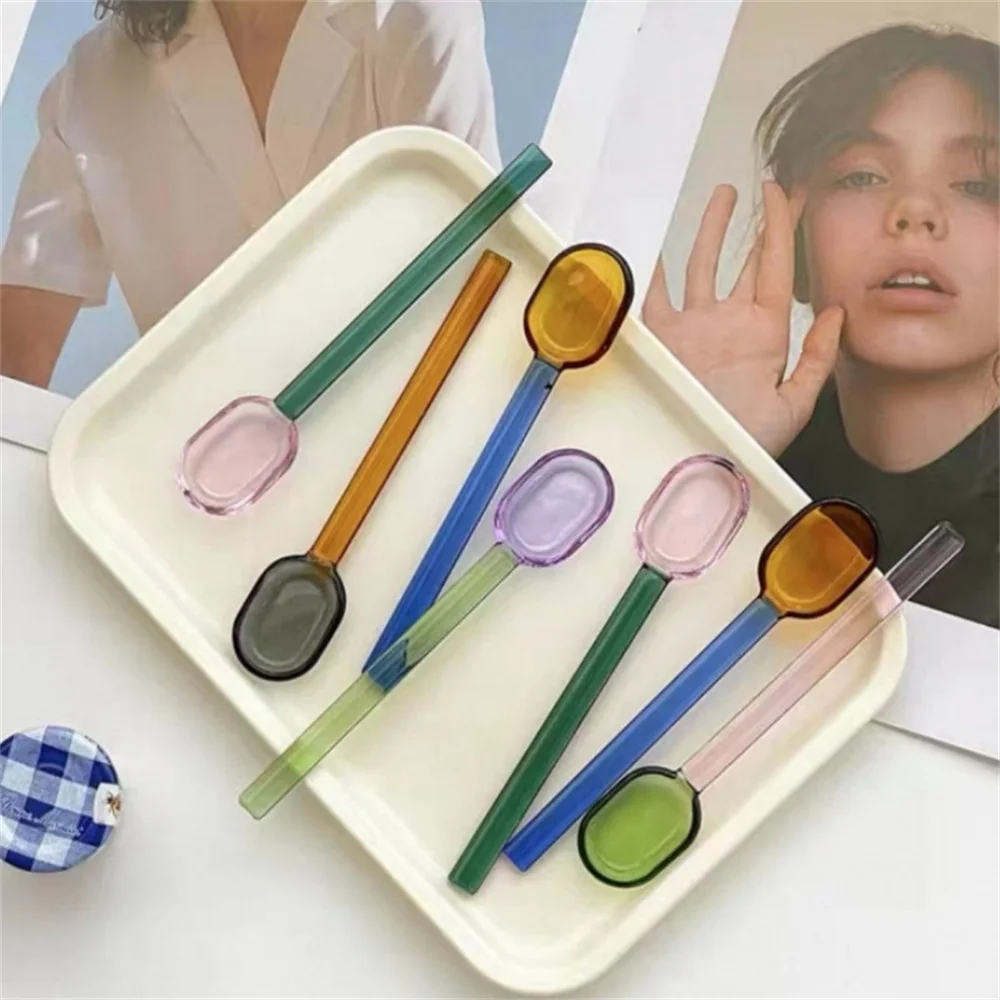 

Oval Head Glass Spoon Contrast Color Dessert Milk Yogurt Scoops Kitchen Tableware High Temperature Coffee Mixing Spoons