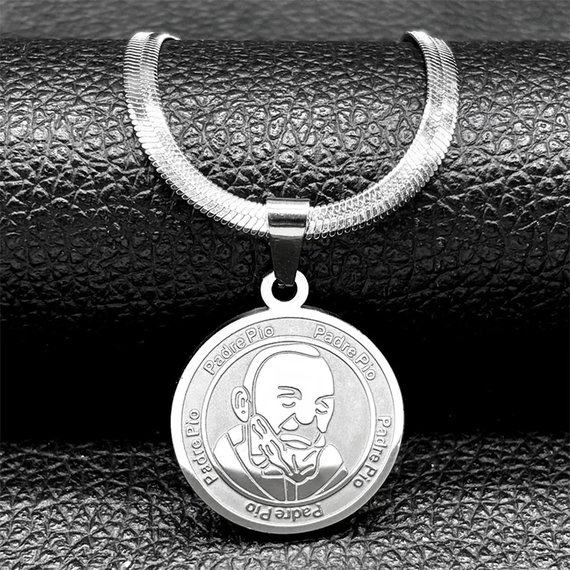 قلادة بادري بيو شل ميدالية للنساء والرجال من الفولاذ المقاوم للصدأ باللون الذهبي والفضي سلسلة مجوهرات مسيحية #3
