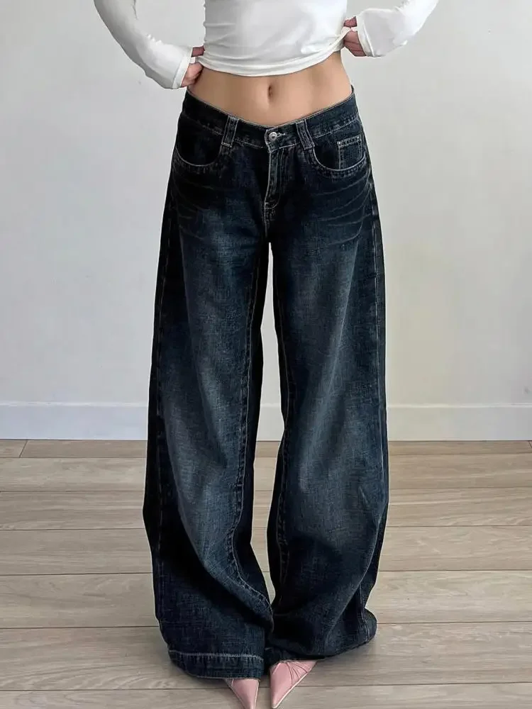 

Women's Dark Blue Relaxed Fit Jeans Y2K Retro Low Waist Straight Denim Pants 90S Street Style Loose Trousers Korean Versatile