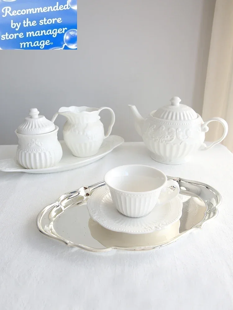 

White Embossed Tea Cup Saucer, Porcelain Milk Pot, French Court Sugar Jar, Snack Dish, Tea Set, Coffee Set, Teaware, Coffeeware