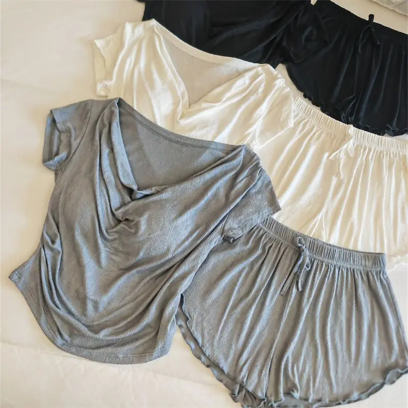 Cotton Korean Sleepwear Women's Spring and Summer New Short Sleeved Outerwear Home Suit Set Пижамный Костюм