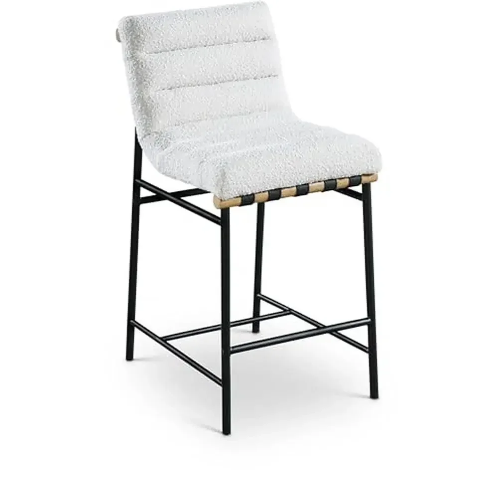 

Modern Contemporary Boucle Fabric Upholstered Counter Stool Cream Vegan Leather Straps Matte Black Frame 18" x 23.5" x 37