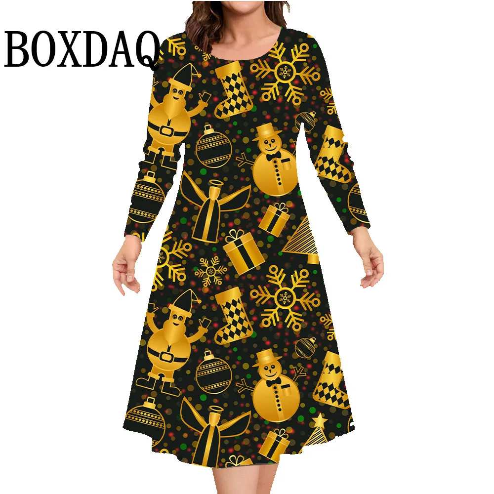 Vestidos con estampado 3D para mujer, ropa de Navidad divertida, manga larga, fiesta temática, línea A, informal, suelto, 9XL talla grande, Invierno