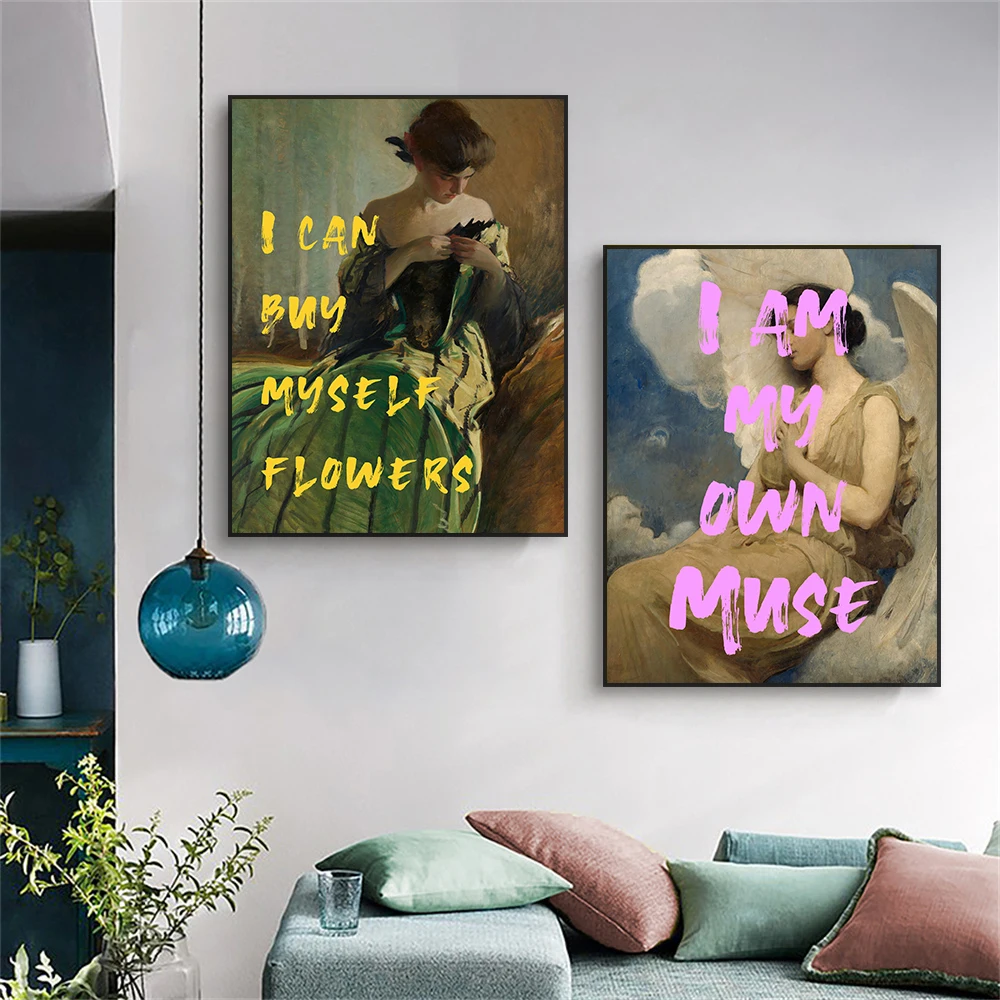 Altered Art Wall Print I Can Buy Myself Flowers Artwork Prints Poster Woman Motivational Quote Canvas Painting Bedroom Decor