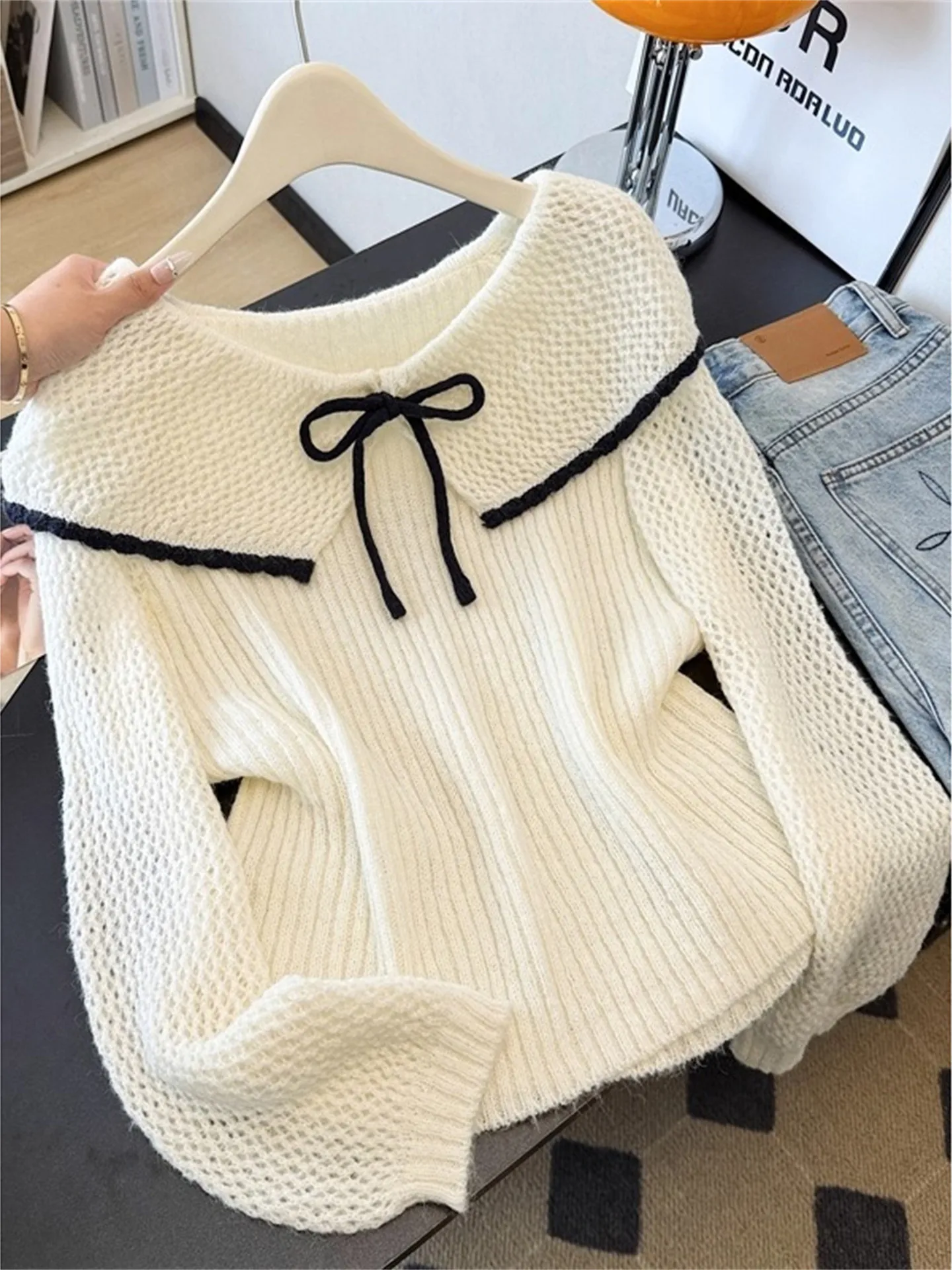 

Cute Doll Collar Soft Cozy oulder Women's Sweater Large Size Knitted Top Early Autumn New Sle Commute Korean Loose Fit