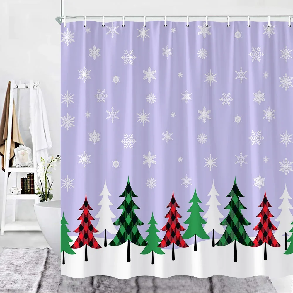 Christmas Shower Curtain Set Red Bathroom Curtains Buffalo Checker Xmas Tree Snowflake Snow New Year Decor Fabric Cloth Hooks