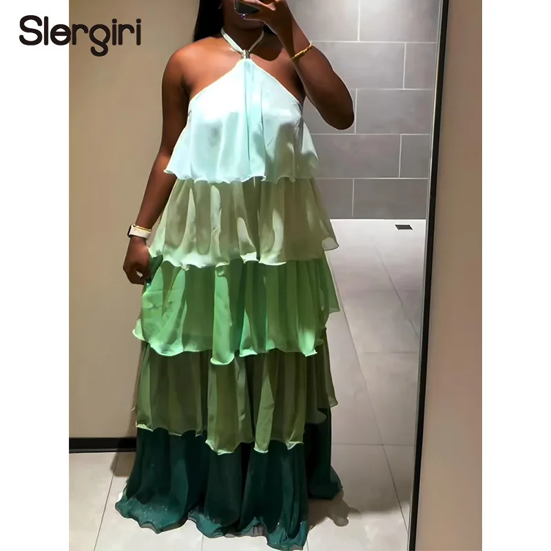 

Slergiri Sweet Layered Colorblock Halter Dress Women Fashion New 2026 Summer Sexy Backless Vacation Loose Ruffled Long Dresses