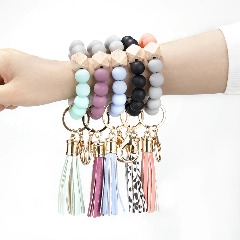 Silicone Beads Elastic Bangle Bracelet Keychain Women\'s bracelet gift Leather Tassel Silicone Beads Bracelet Wristlet Keychain