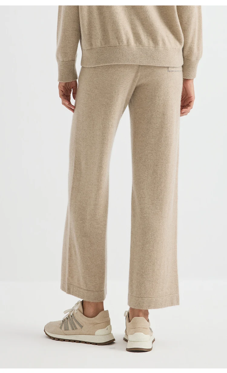 BY4621762 Damen 100% Kaschmir Weite Hose mit geripptem, elastischem Bund, Gesäßtasche, Kettenrand, entspannte Passform, Frühherbst – Detail 8