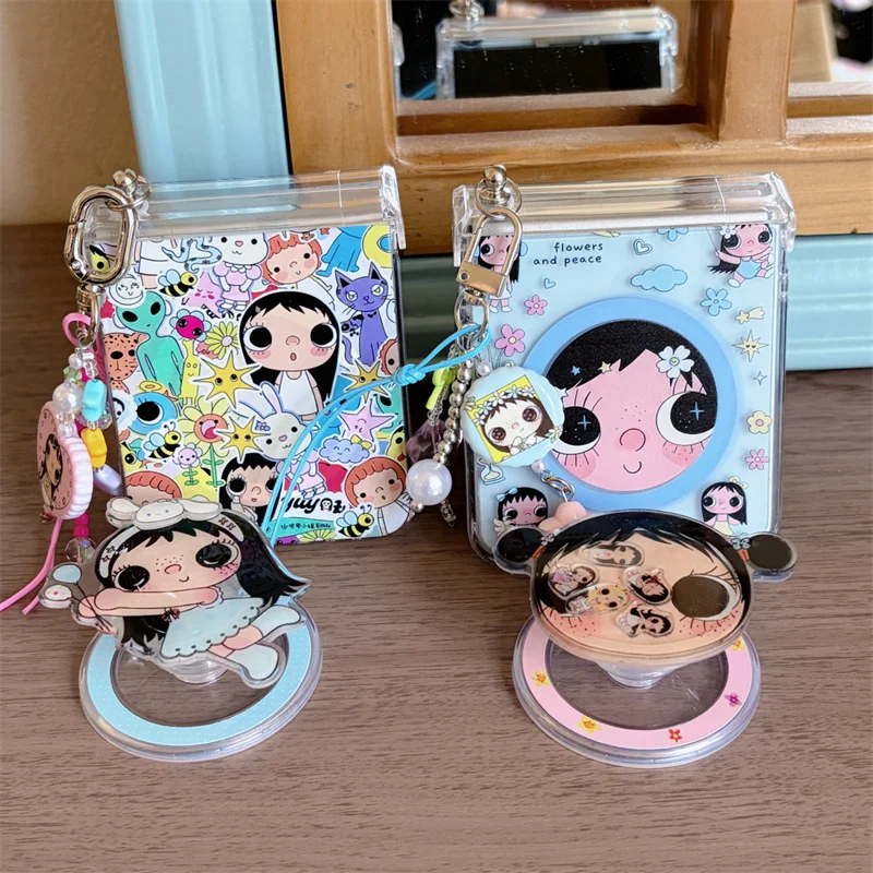 Cute Cartoon Girl Cat Clear Phone Case For Samsung Galaxy Z Flip 8 7 6 5 Z Flip8 Foldable Cover With Charm Strap Pendant Chain
