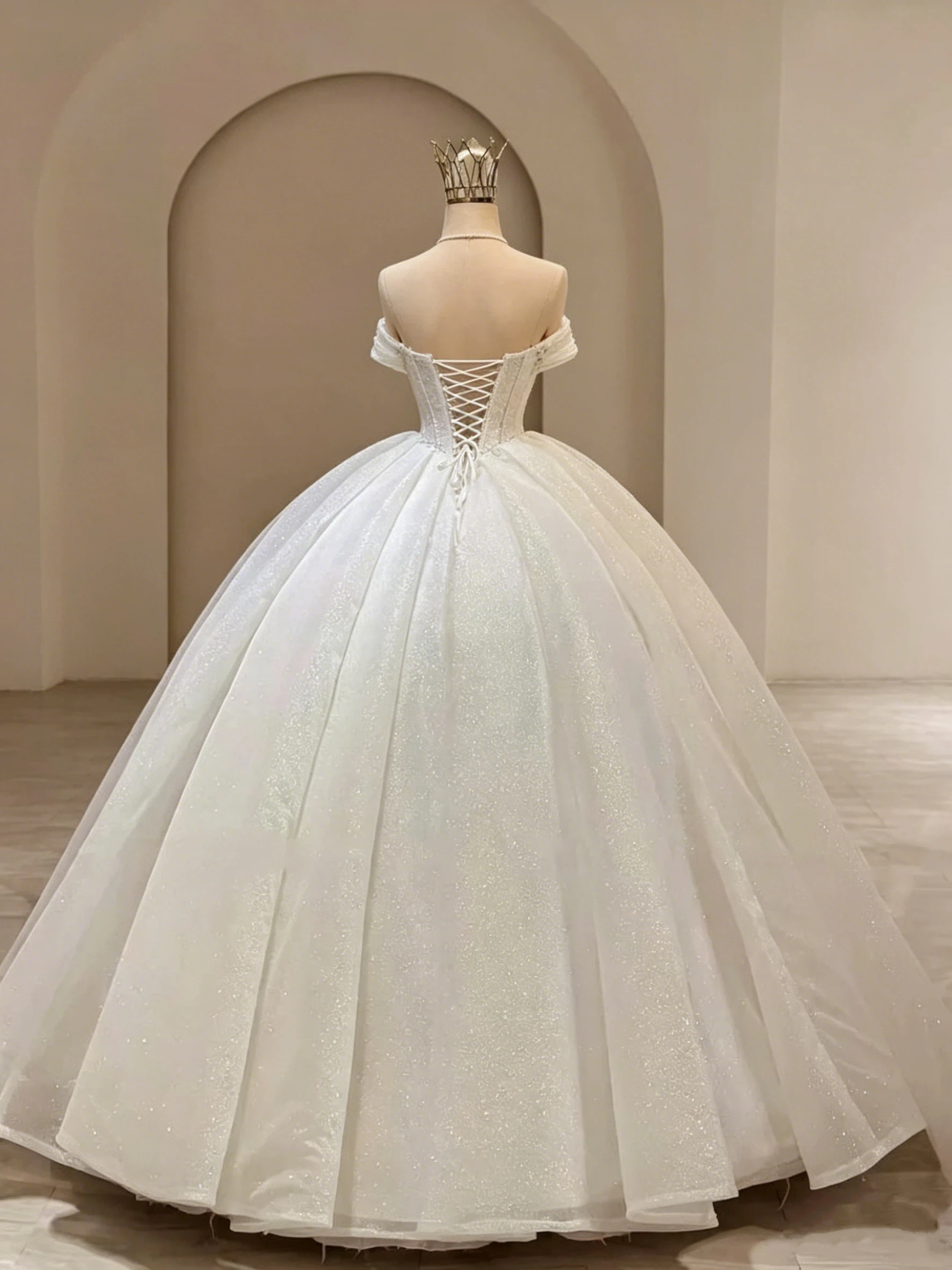Luxury Sparkly Ball Gown Wedding Dress Off The Shoulder Glitter Tulle Bridal Gown Corset Lace Up Back For Bride Customized