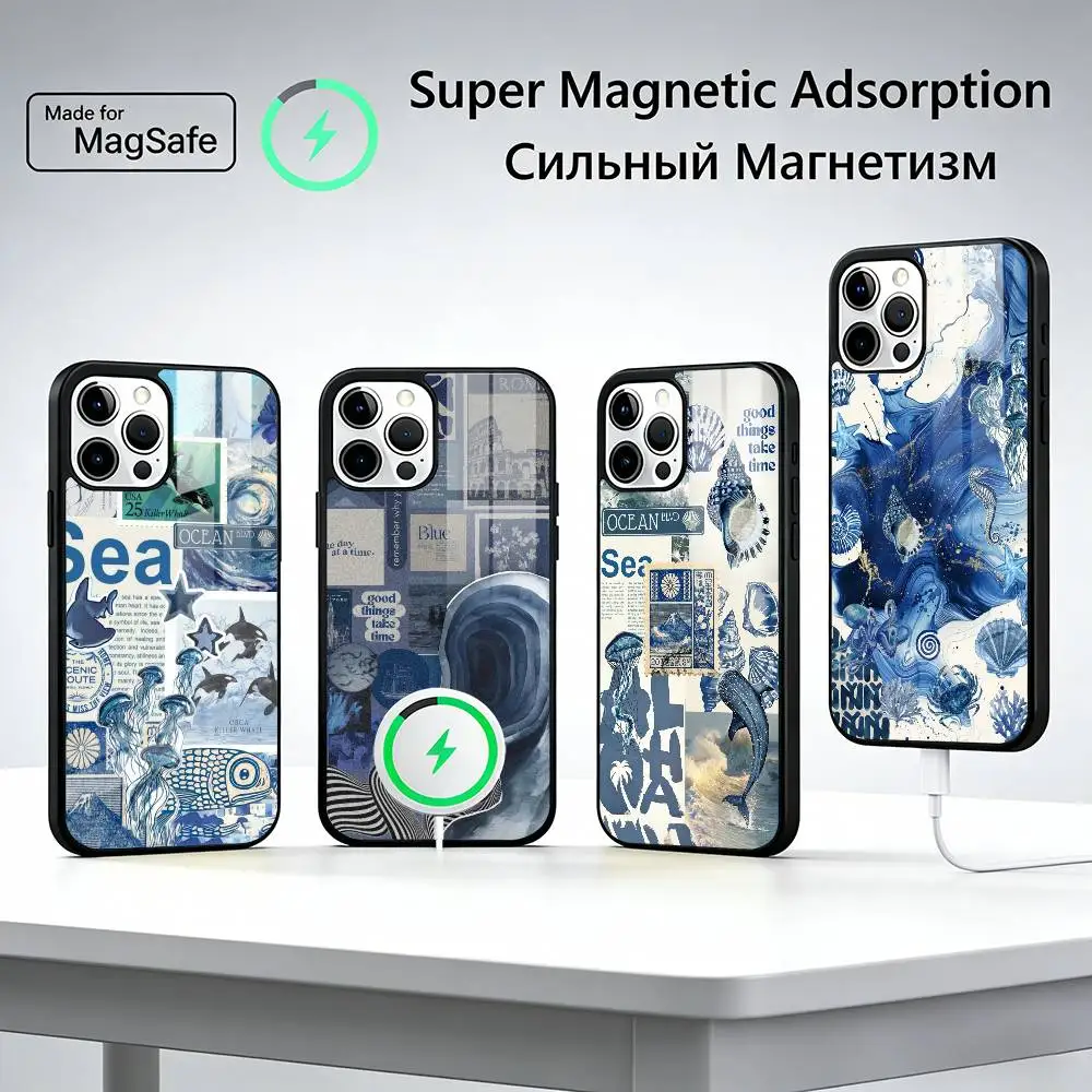 

C-Cool Blue O-Ocean Retro Phone Case For iPhone17,16,15,14,13,12,11 Plus,Pro Magnetic with Magsafe Wireless Charging