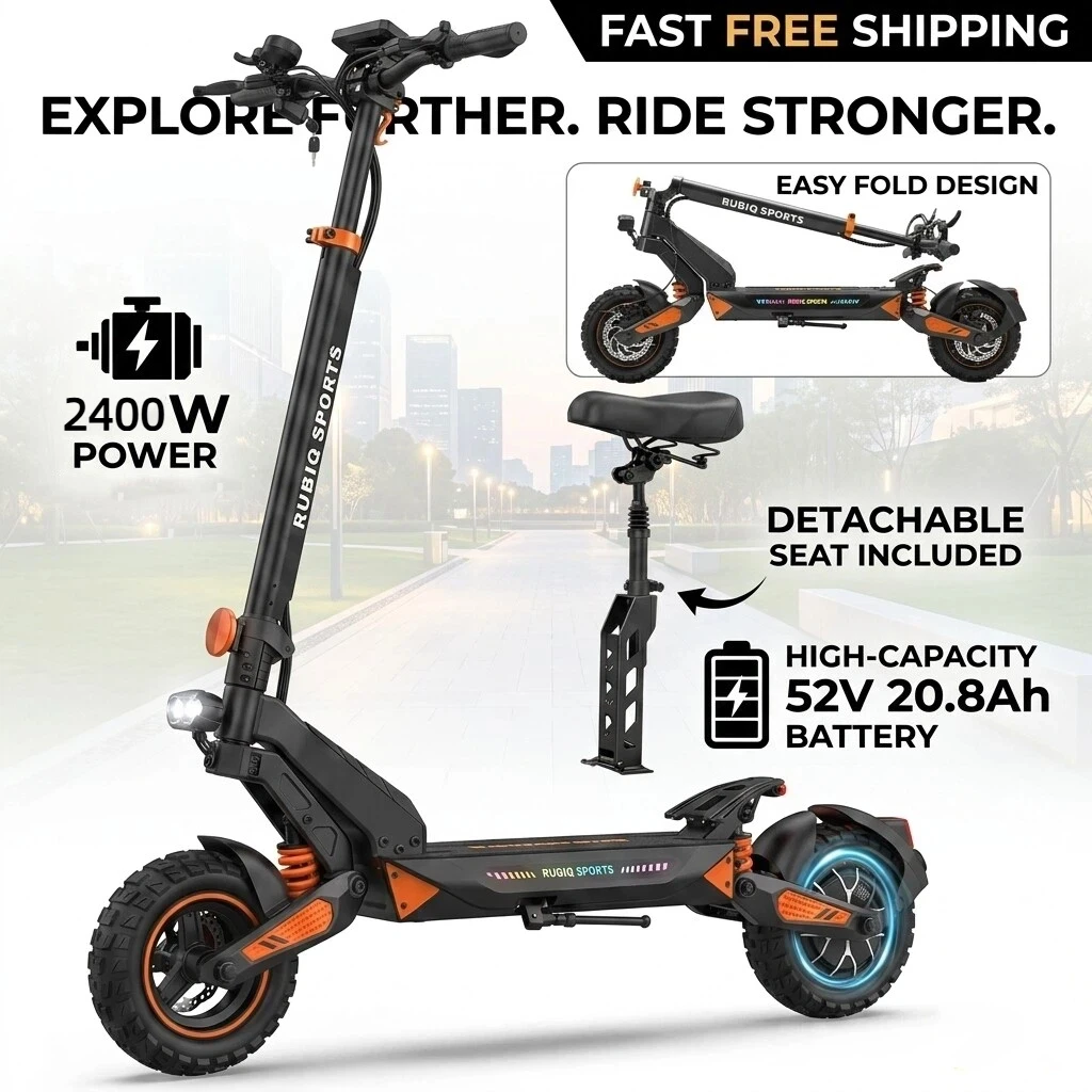 Electric Scooter with Seat for Adults, 2400W Motor, 52V 20.8Ah Battery, 11-inch Tires, Hydraulic Disc Brakes, Foldable E Scooter, 180kg Max Load