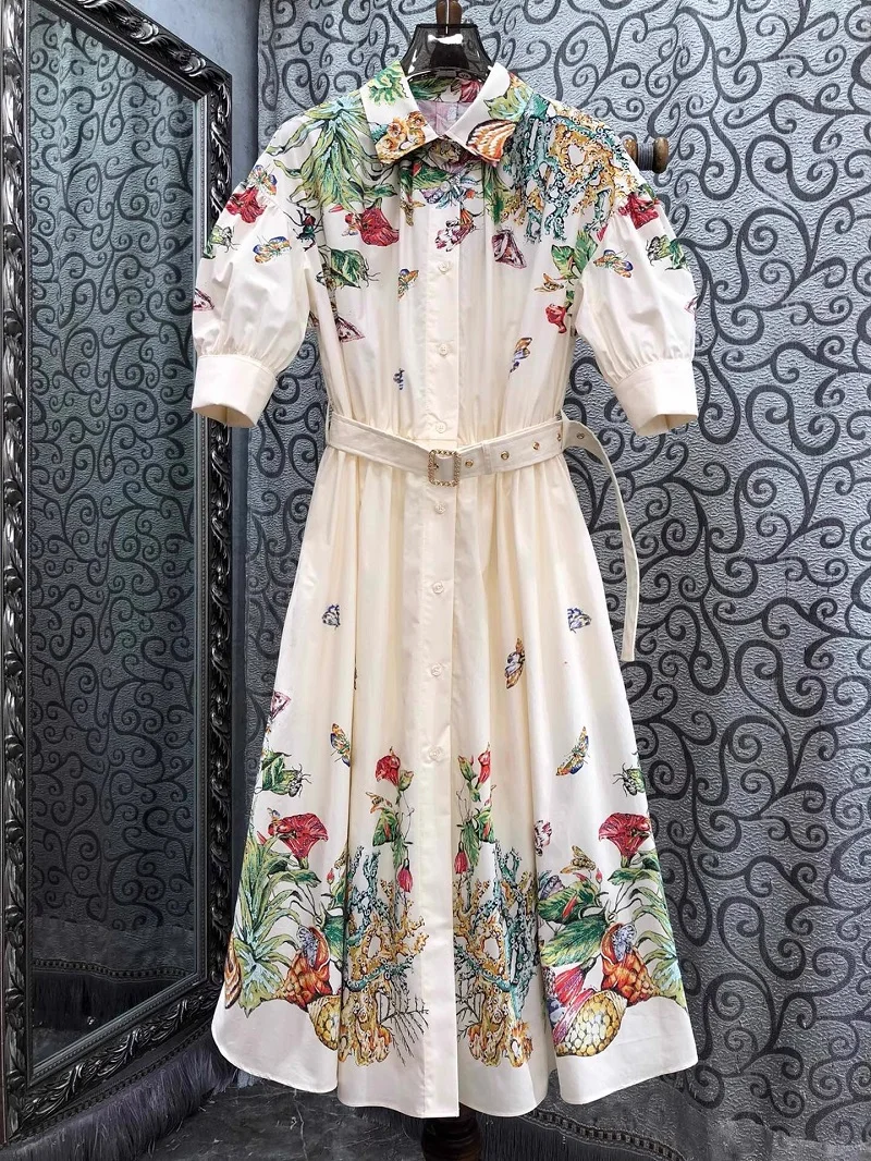 100%Cotton Dress 2025 Spring Summer Fashion Style Women Turn-down Collar Colorful Floral Print Short Sleeve Apricot Blue Dress