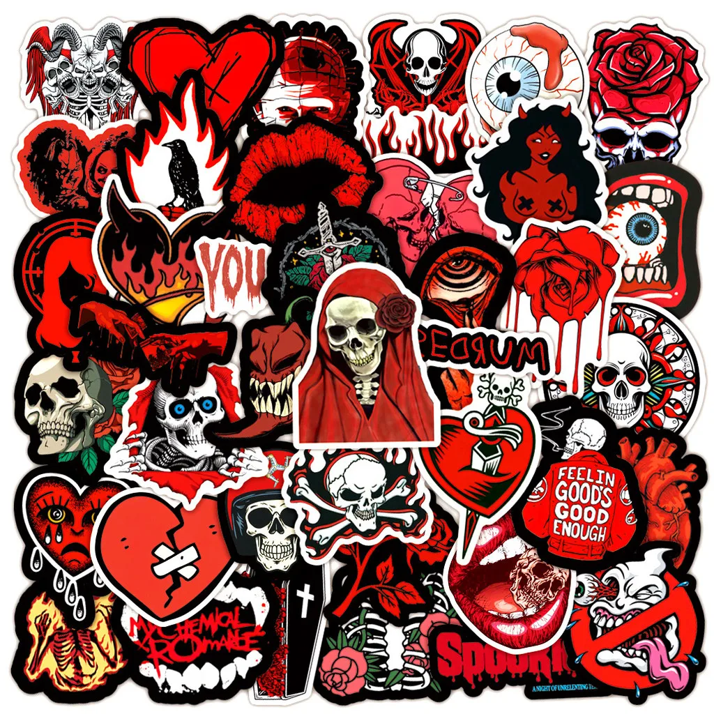 50 Pcs Black & Red Gothic Stickers - Skull Horror-themed Waterproof Graffiti for Notebooks & Water Cups RecordingYourLife Store