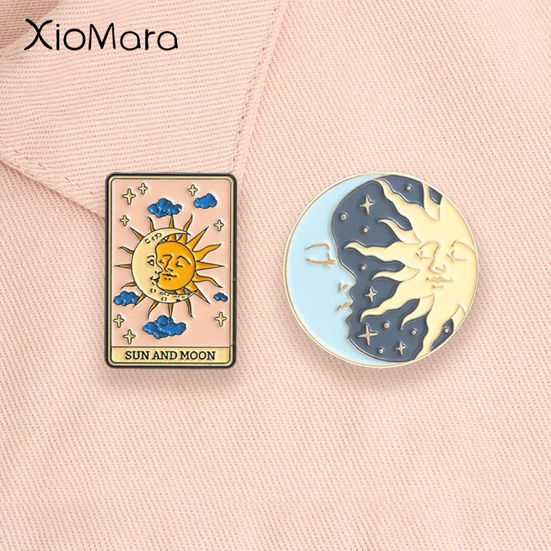 Sun And Moon Tarot Card Enamel Pins Celestial Yin Yang Human Face Star Cloud Witchy Mystical Brooches Lapel Badge Jewelry Gifts