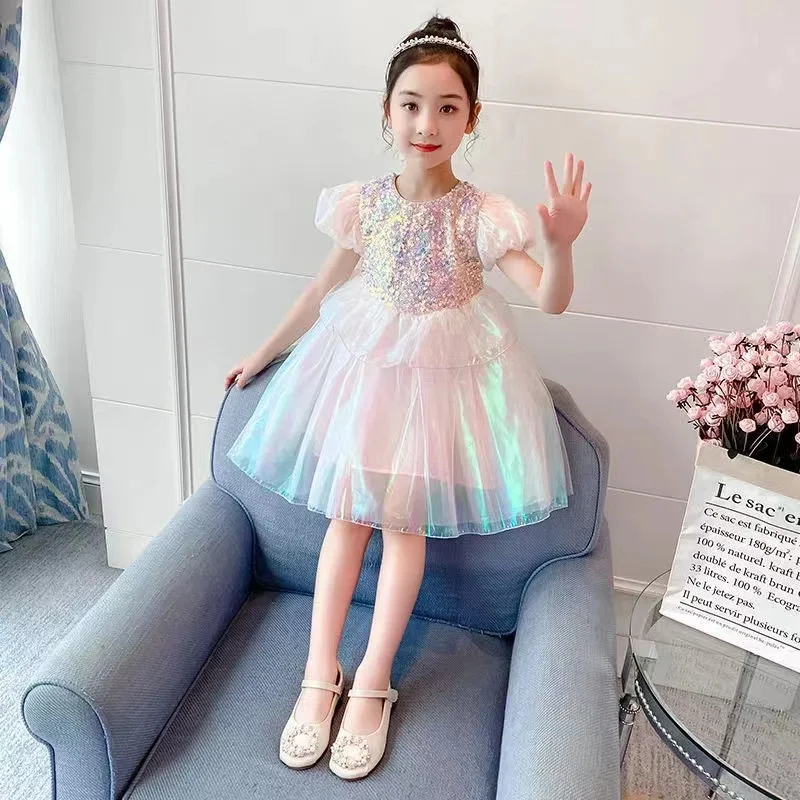 New Sequin Princess Dress Summer Girls Puff Sleeve Tutu Dress Children Fashion Birthday Party Gown Kids Mesh Cake Dress 2-8 Year