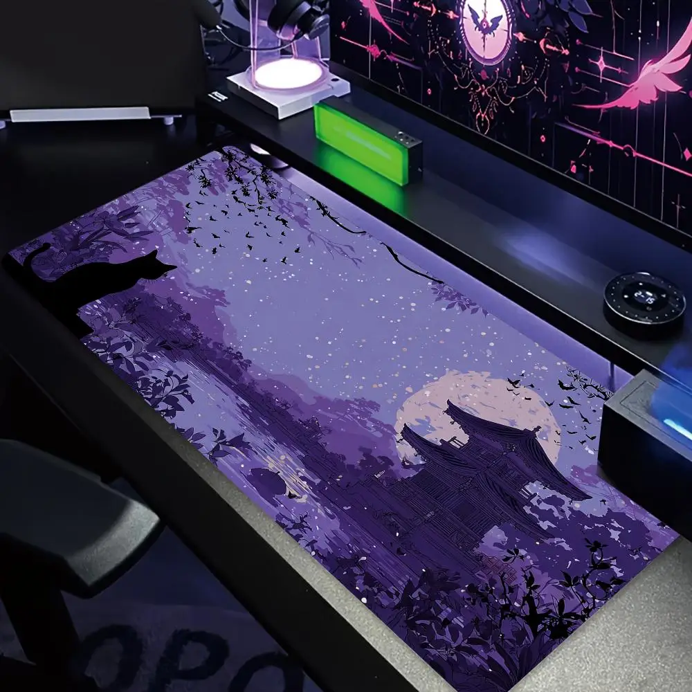 Purple Landscapes and Pagoda Design Mouse Pad Desk Mat Gaming Mats Non-Slip Stitched Edge Pc Accessories Mousemat Office Rug