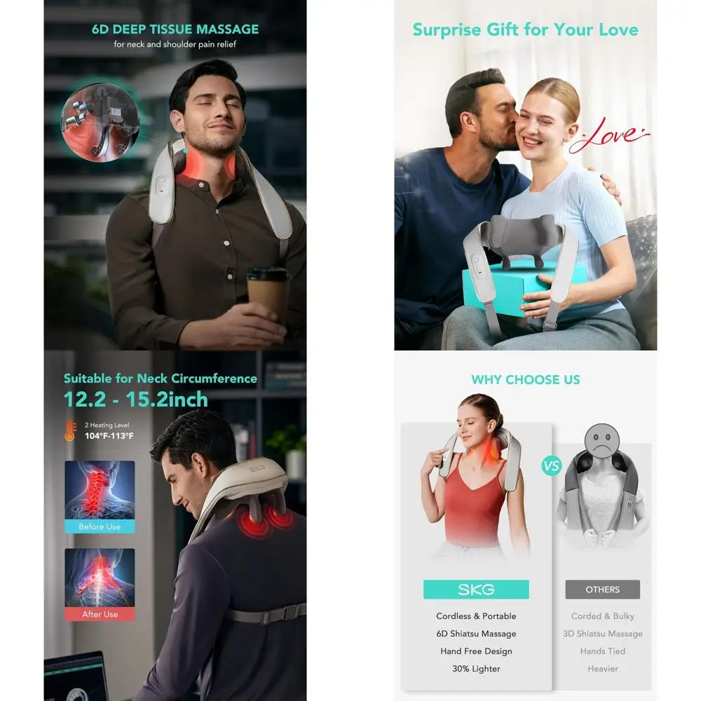 

2025 Deep Tissue 6D Kneading Neck Massager with Heat for Pain Relief - Cordless & Portable, Ideal Gift for Men & Women