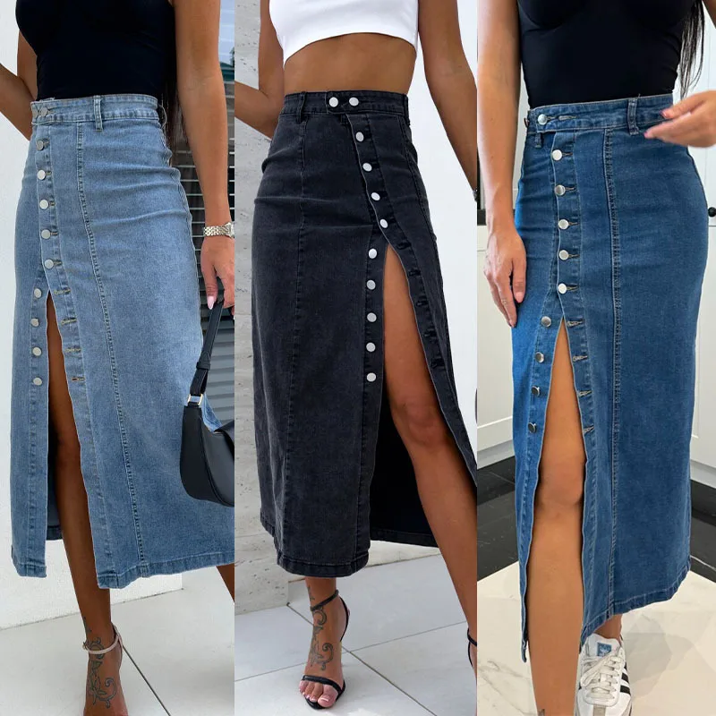 High Waist Asymmetrical Slit Denim Skirt Women's Fashion Cross-Border Sexy Slim Fit Half-length Button Embellished Skirt