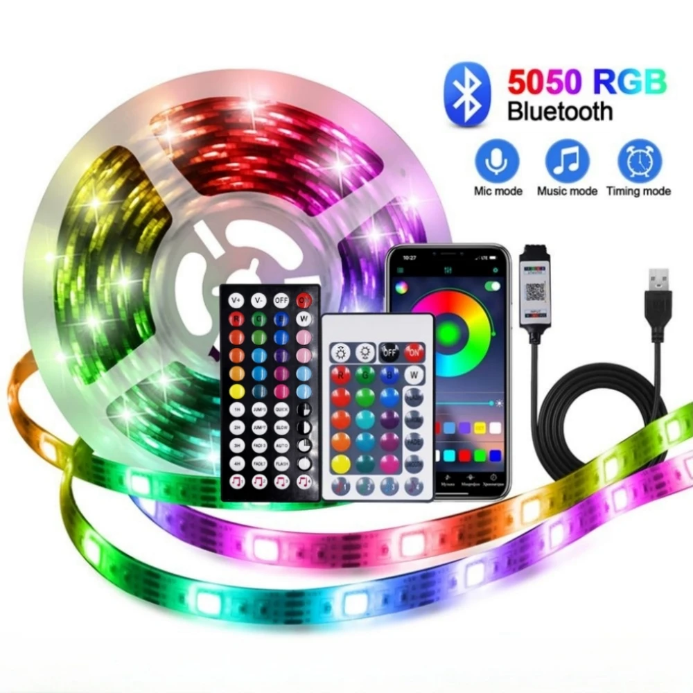 5M 10M USB RGB LED Strip Ribbon TV Backlight 5V Bluetooth Voice Control Lamp Tape Desktop Diode 3M Self-adhesive 5050 30LEDs/M