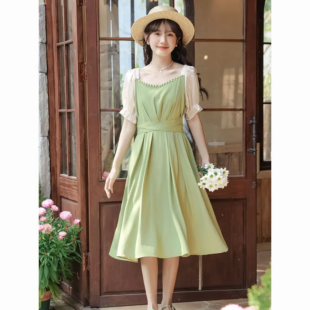 Bubble Sleeve Waist Cinching Dress for Women's Summer Plus Size Fat Mm Belly Covering Slimming Dress French Medium Length