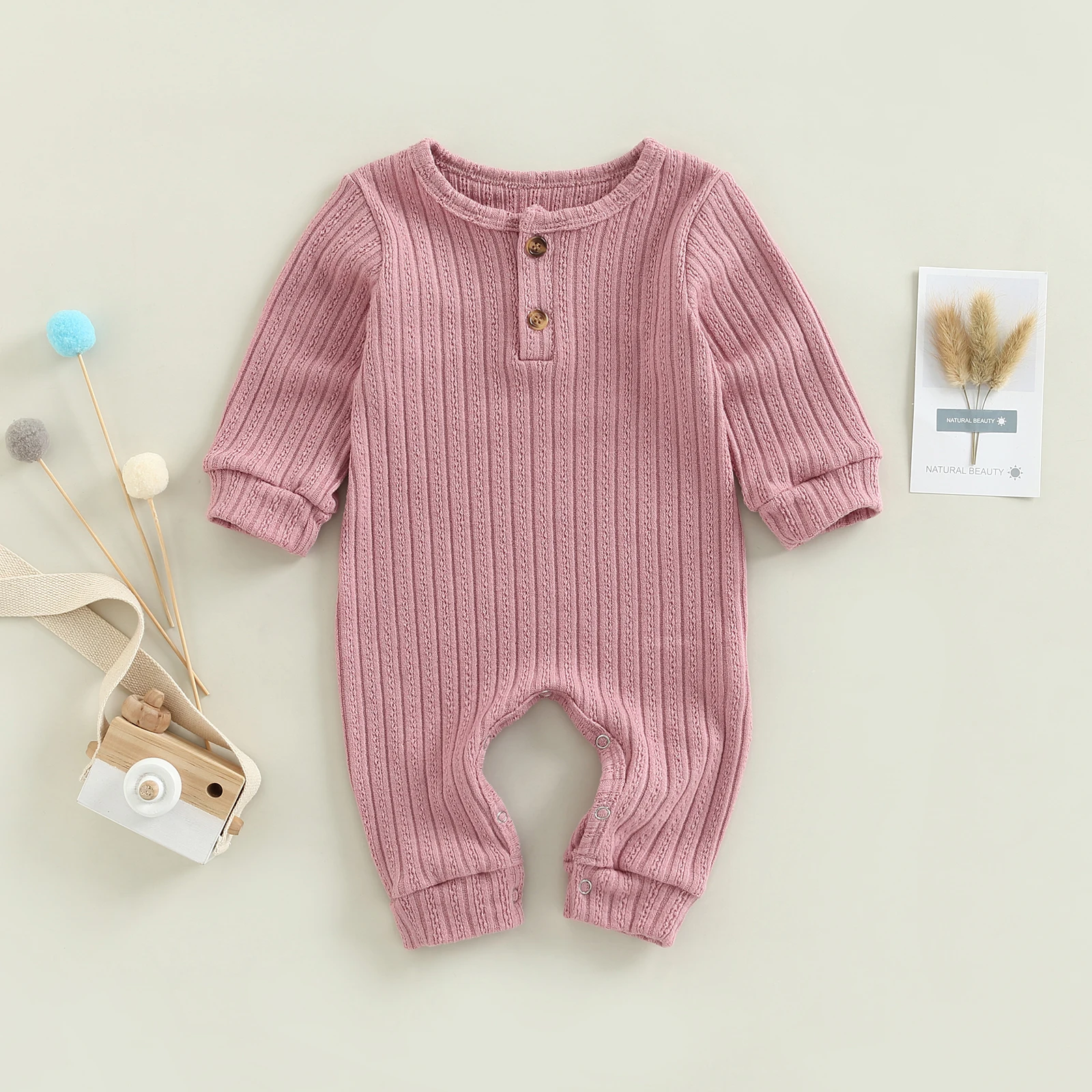 2022-08-16 Lioraitiin 0-18M Newborn Infant Baby Girl Boy Autumn Romper Long Sleeve Solid O-Neck Jumpsuit 4Colors