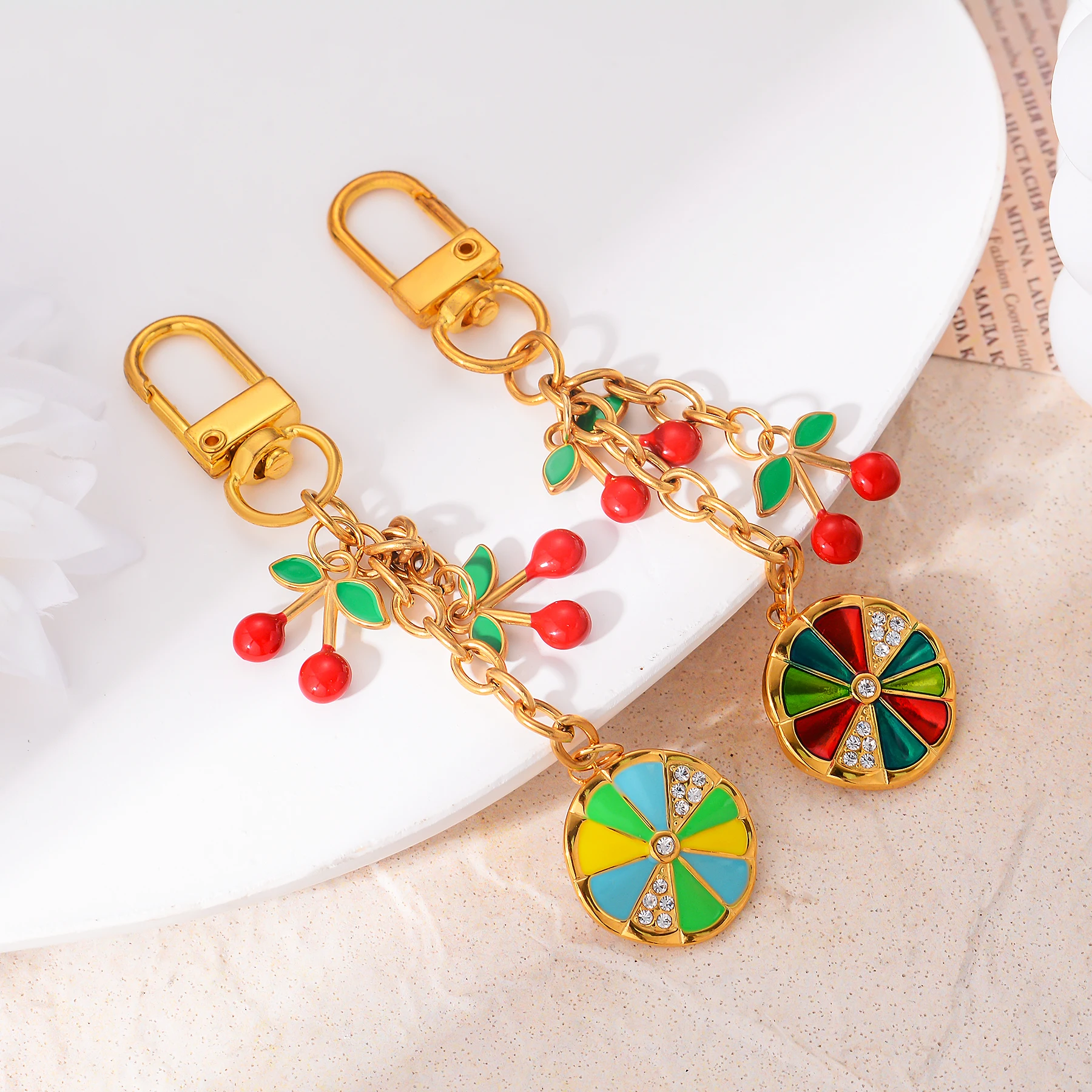 

Cherry & Rhinestones Colorful Wheel Keychain Girl Decoration Small Pendant Car Key Ring Student Bag Pendant