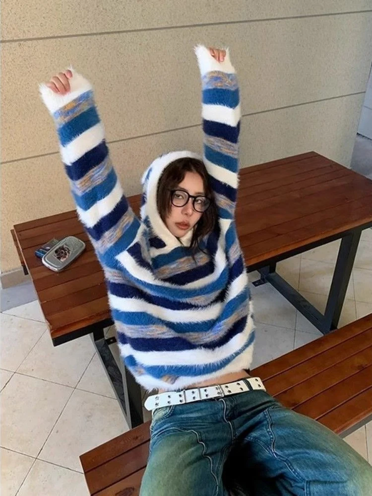 2000s Korean Fashion Striped Patchwork Sweaters Y2k Subculture Casual Loose Pullovers Jumpers Chic American Streetwear Hoodies