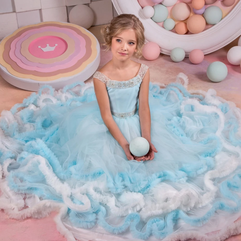 Lorencia Elegant Blue Flower Girl Dress For Wedding Princess Tulle Ruffles Beaded Ball Gown Pageany First Communion Gown YFD51