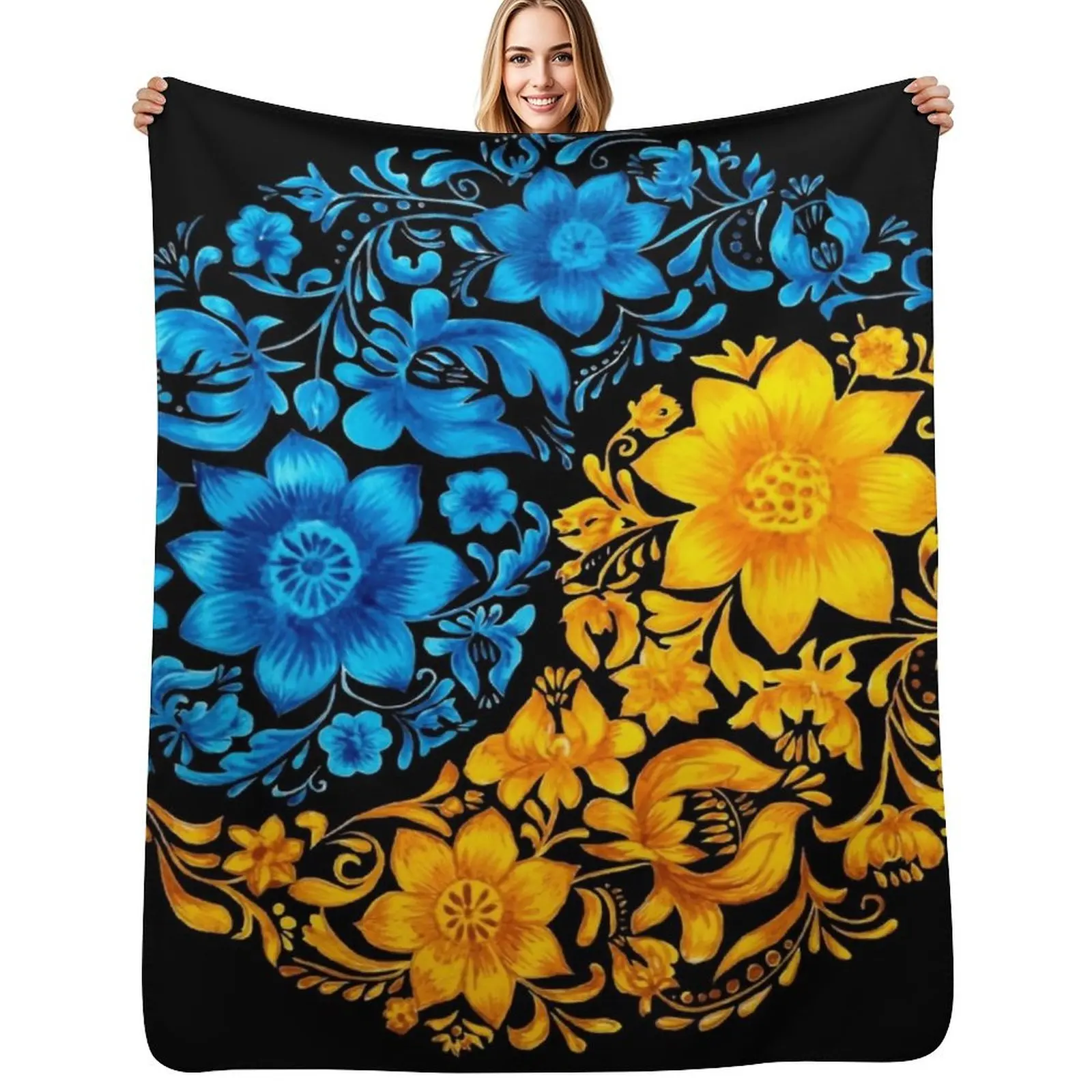 

Petrykivka painting with blue-yellow flowers Throw Blanket Travel Size Cozy Blanket for Plane Train