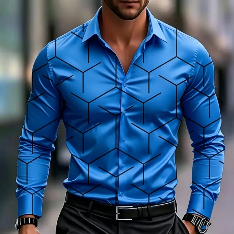 European American Trendy Men Geometric Branch Line Printed Long Sleeve Shirts Spring Autumn Soft Stretch Fabric Lapel Button Shi