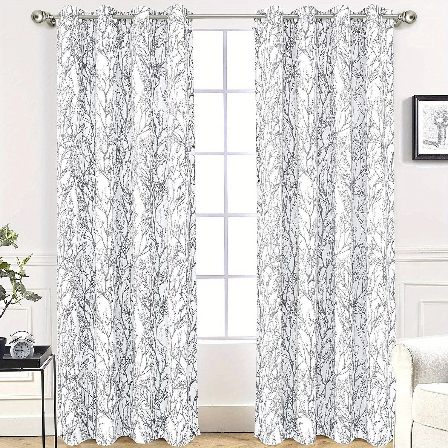 Thermal Grommet Top Blackout Curtains With Tree Branch Pattern For Living Room Bedroom