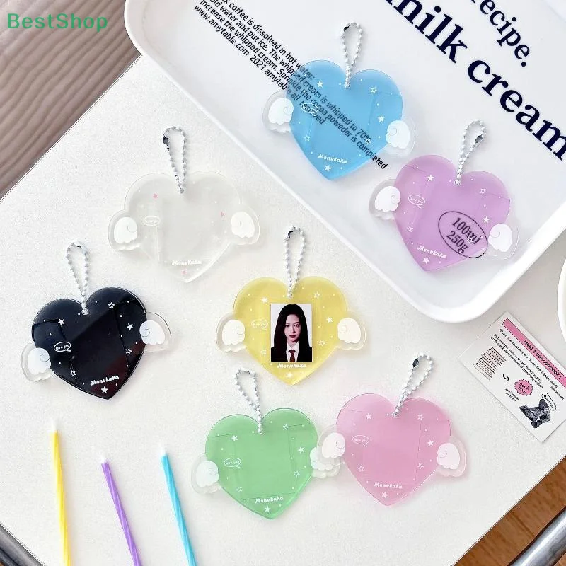 

★★★1 Inch Acrylic ID Photo Storage Display Pendant Keychain Ornaments Heart Wings Hard Card Folder
