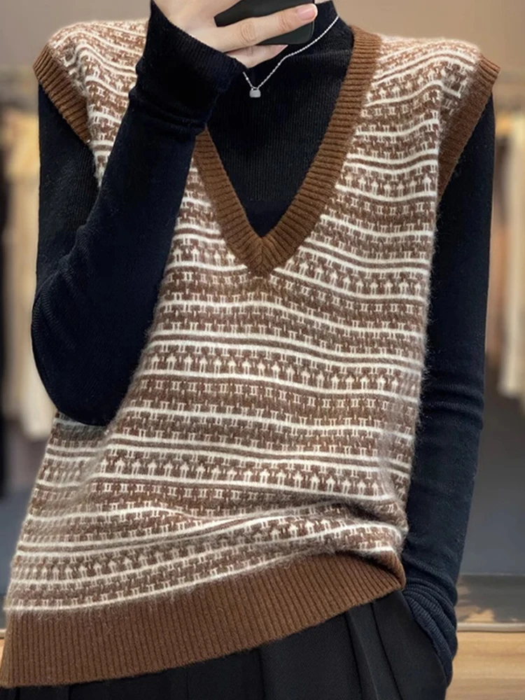 

Удобный винтажный вязаный жилет Camere с v-образным вырезом, осенне-зимний цветной шерстяной топ в полоску для женщин