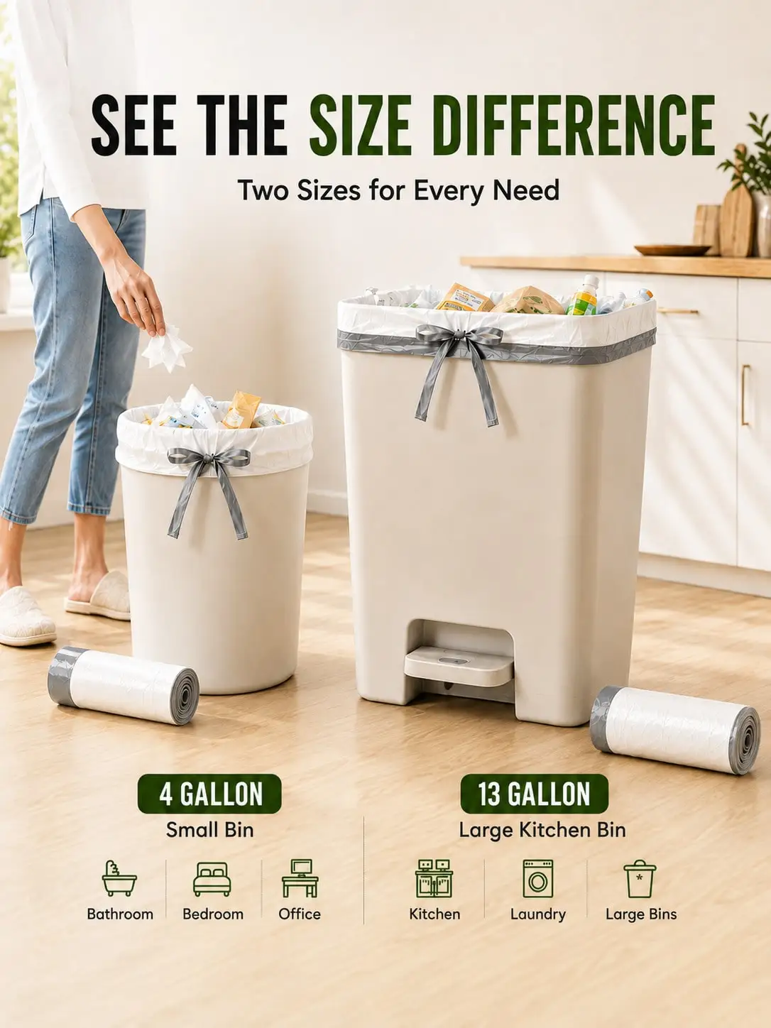 50Pcs 13-Gallon Light Floral-Scented White Drawstring Trash Bags, 2 Rolls X 50 Bags, 33.5 X 23.6in Garbage Can Liners With Gray Drawstring, No-Tear-Off Easy-Pull Design For Kitchen, Home,Office,College Dorm,Dorm Room Essentials,Back To School