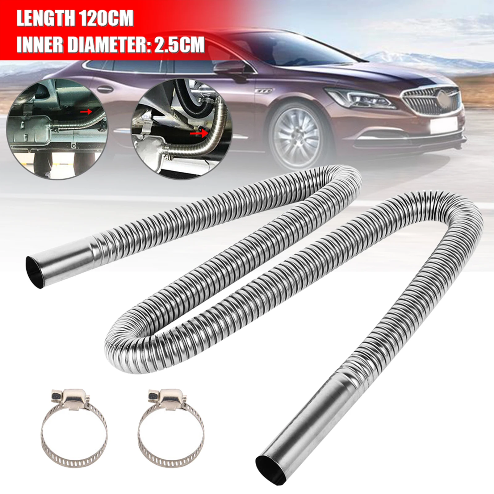 

120cm Parking Air Heater Exhaust Pipe Stainless Steel Parking Air Heater Vent Hose Flexible Vehicles Exhaust Pipe with Clamps