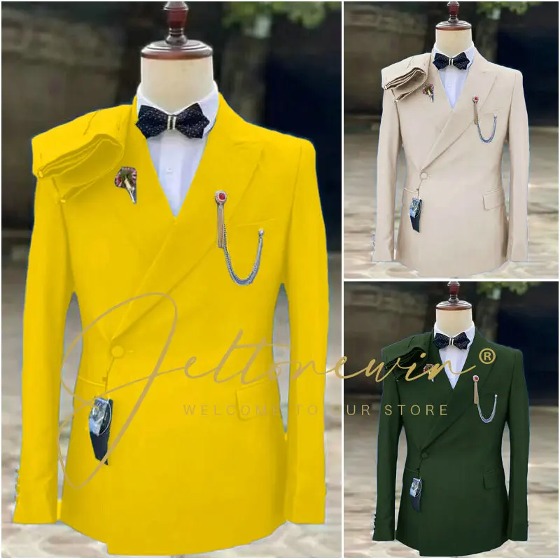 

JELTONEWIN Fashion Yellow Double-Breasted Men Suits Groom Tuxedos For Wedding Suit Peaked Lapel 2 Piece Formal Best Man Blazer