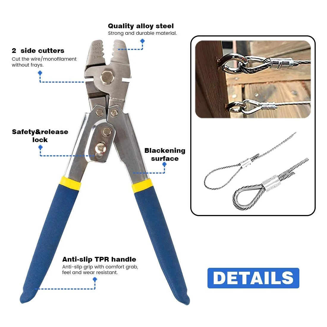 Wire Rope Crimping Plier 4 Sizes Aluminum Ferrules-Accommodates Cables up to 2.2mm for Loop Sleeves and Swaging Crimper Tool