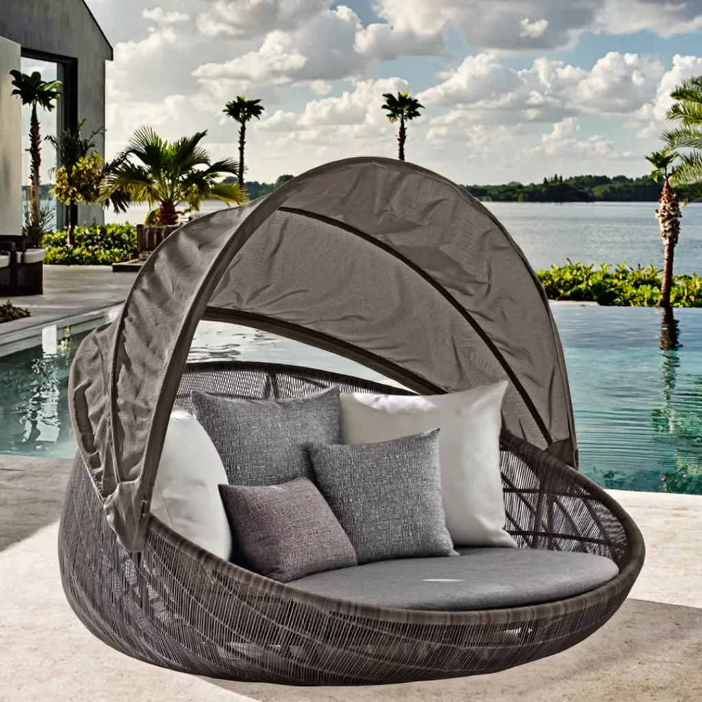 

New Garden Round Daybed Aluminum Rattan Outdoor Lounger Patio Garden Rattan Day Bed With Canopy