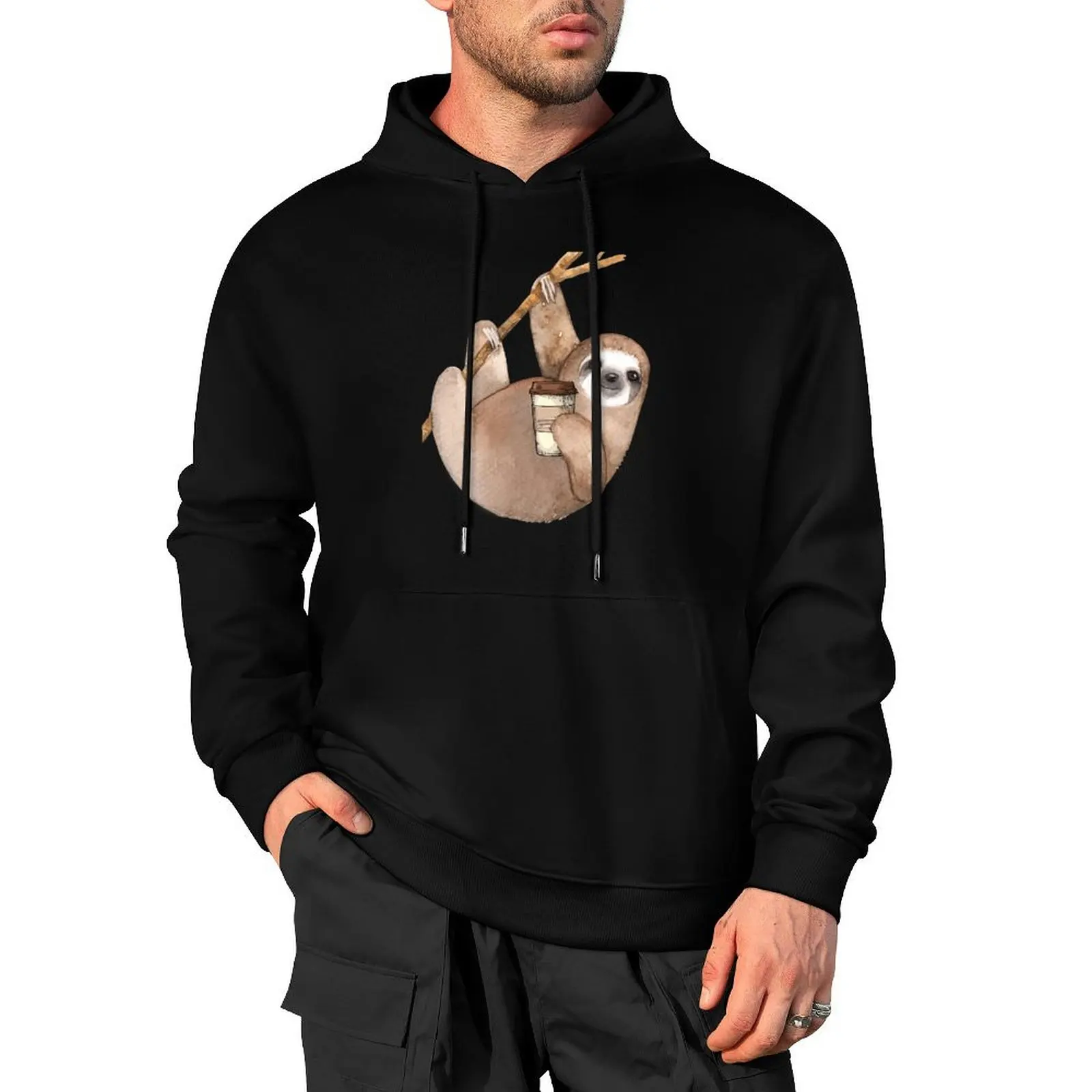 

Three Toed Sloth Just Hangin' Out Enjoying a Coffee Pullover Hoodie men clothing men's clothes japanese style new in hoodies