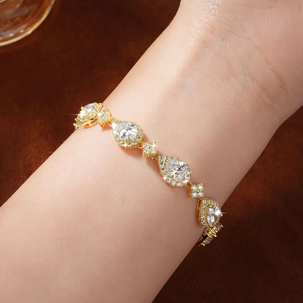 Abestecom D Color VVS1 GRA Certified Multi-Stone 14K Gold Plated Pear Cut Moissanite Tennis Bracelet Wedding Women Fine Jewelry