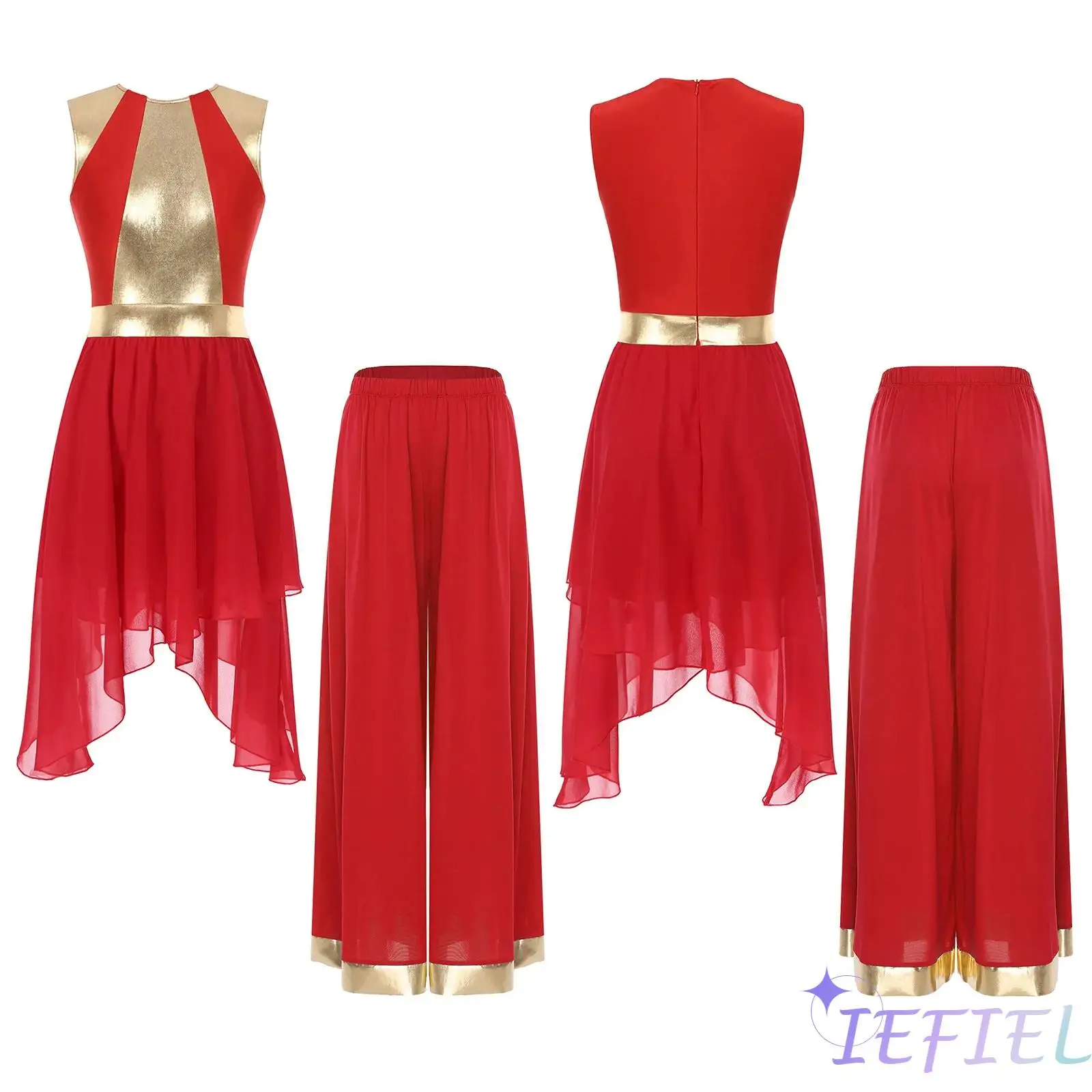 

Womens Metallic Shiny Patchwork Lyrical Dance Outfit Sleeveless Irregular Dress Wide Leg Pants Worship for Praise Modern Dance