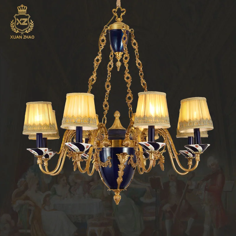 

French Brass Living Room Fabric Lampshade Chandelier Hotel Villa Hall Luxury Metal Art Chandelier